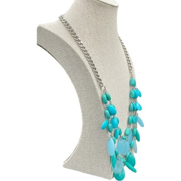 Layered Teardrop Stone Necklace With Silver Tone Chain Turquoise Accents - Picture 3 of 9